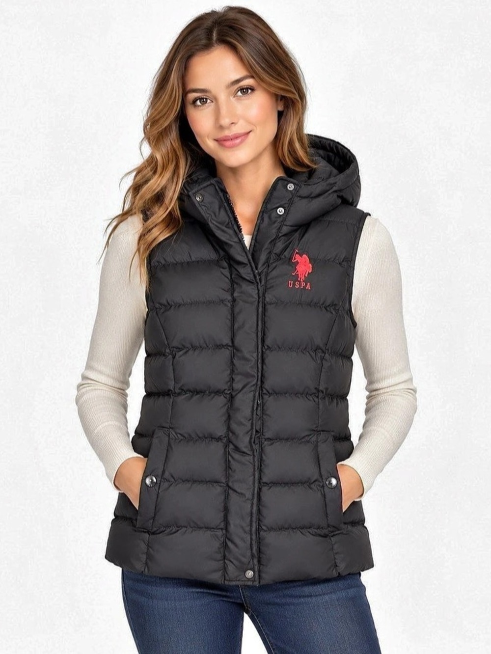 U.S. Polo Assn Women’s Black Hooded Puffer Vest Pink Logo Size Medium